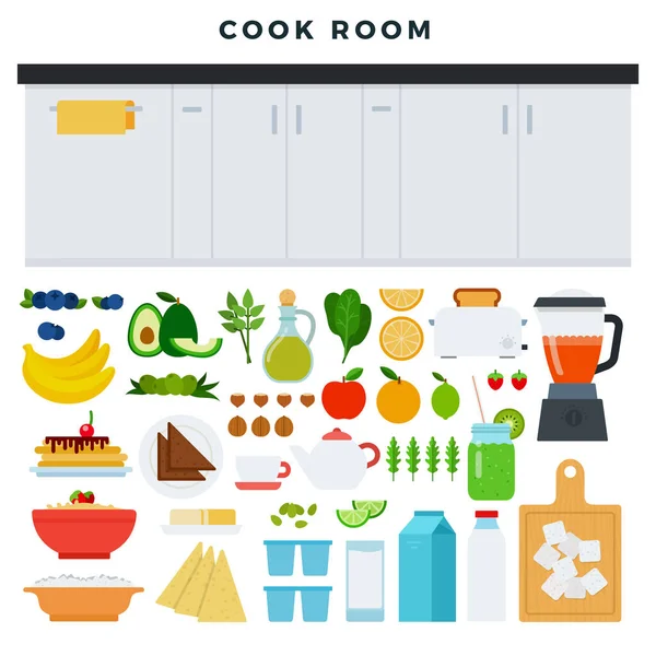 Concepto de cocina moderna. Área de trabajo de la cocina, algunos alimentos y utensilios para el proceso de cocción. Ilustración vectorial . — Vector de stock