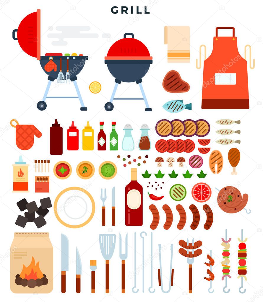 All for grill, big set of elements. Different special tools and food for barbecue party. Vector illustration.