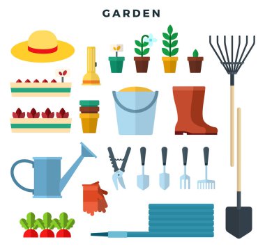 Bahçe aletleri ve ekipmanlar, düz ikonlar. Bahçede çalışmak için elementlerin toplanması, vektör illüstrasyonu.