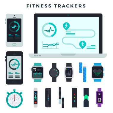 Çeşitli tipte fitness izleyicileri, hazır. Spor bileklikleri, akıllı saatler, hareketlerini izlemek için mobil ve web uygulamaları. Düz vektör illüstrasyonu