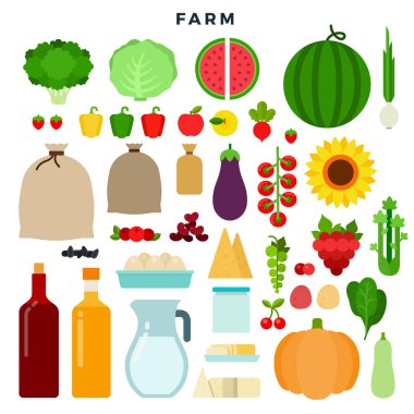Çiftlik ürünleri vektör düz simgeleri ayarlandı. Beyazda izole edilmiş.