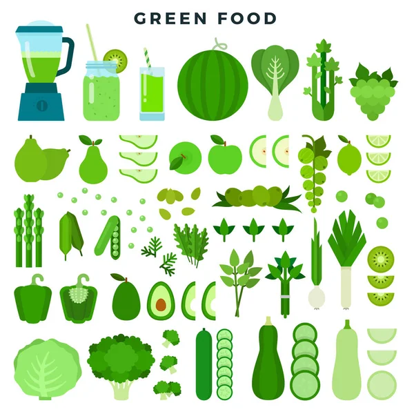 Kolekcja żywności w kolorze zielonym: warzywa, owoce i soki, płaski zestaw ikon. Ilustracja wektora. — Wektor stockowy