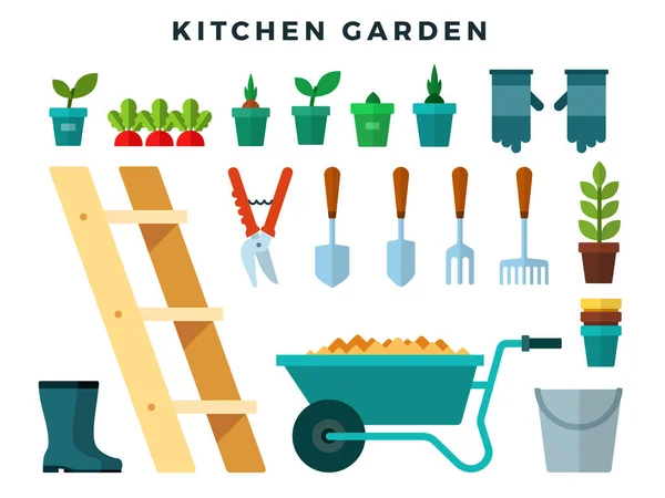 Ferramentas e equipamentos para trabalhar no jardim da cozinha, conjunto de ícones planos. Ilustração vetorial em estilo plano . — Vetor de Stock