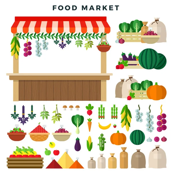 Mercado de alimentos agrícolas, conjunto de elementos. Mercado local de barracas. Venda de legumes, frutas e bagas. Comida orgânica fresca. Ilustração vetorial em estilo plano . — Vetor de Stock