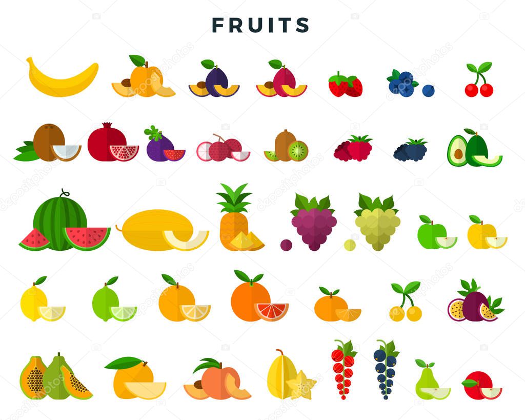 Big set of fruits and berries, whole and slices. Fruit icons collection. Vector illustration in flat style.