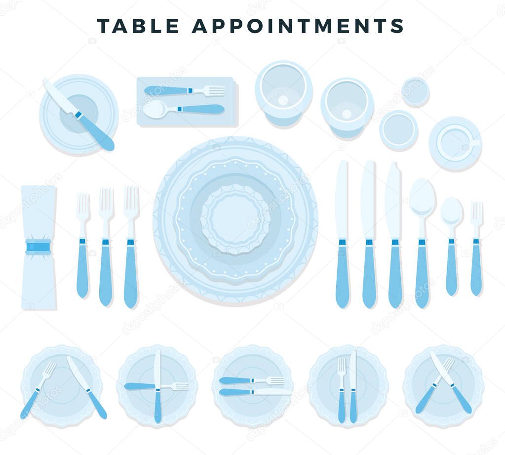 Table appointments. Cutlery set: forks, knives, spoons, plates, napkin, glasses, cup, saucer. Vector illustration.
