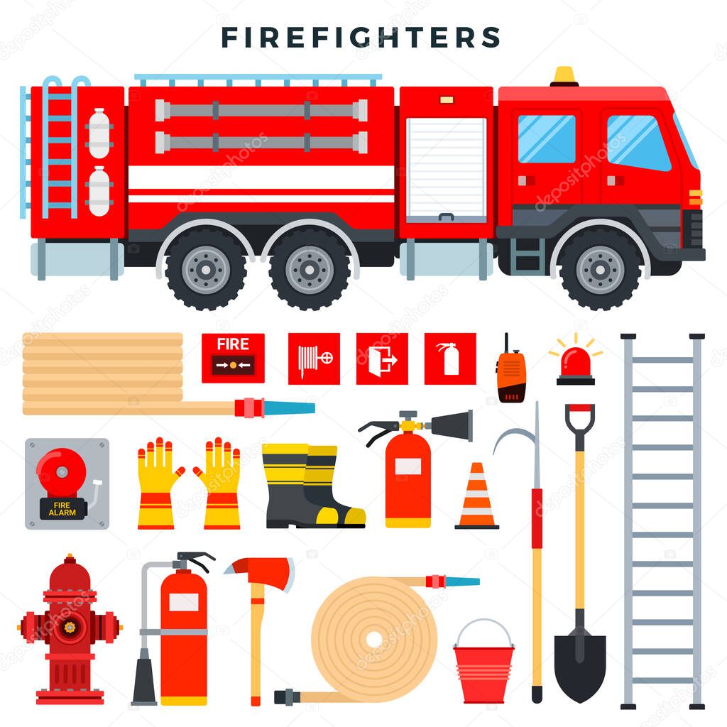 Firefighting equipment and gear, set. Fire truck, fire extinguisher, hydrant, hose, ladder, radio, fire signs, etc. Vector illustration.
