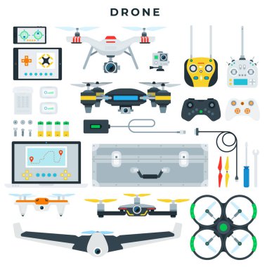 Farklı tip dronlar ve onların kontrol araçları, yan ve üst görünüm. Quadcopter ve tüm gerekli aksesuarlar. Vektör illüstrasyonu.