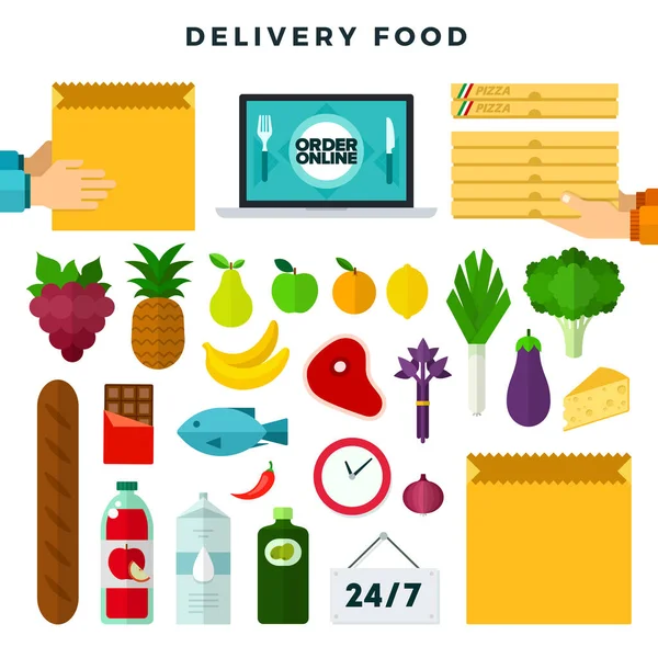 Pedido en línea y comida de entrega, conjunto de iconos. Entrega de comestibles. Ilustración vectorial colorida . — Archivo Imágenes Vectoriales