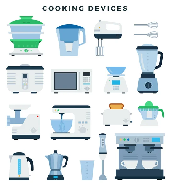 Electrodomésticos de cocina y electrónica, colorido conjunto de iconos de diseño plano. Ilustración vectorial, aislada . — Vector de stock