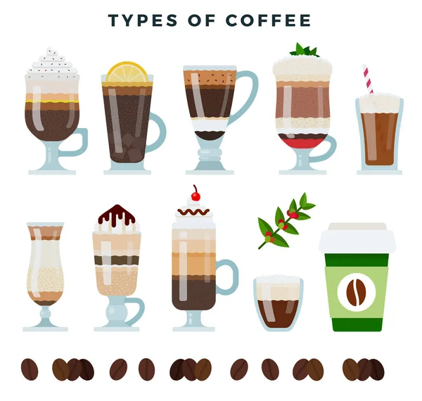 Verschillende soorten koffie. Diverse koffie dranken, set, geïsoleerd op witte achtergrond. Vectorillustratie. — Stockvector