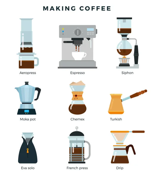 Equipamento para várias maneiras de preparar café, conjunto de ícone plano detalhado. Diferentes métodos de fabricação de café. Ilustração vetorial . — Vetor de Stock