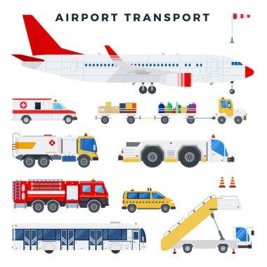 Havaalanı yer hizmetleri uçakları ve araçları. Düz biçimli vektör illüstrasyonu.