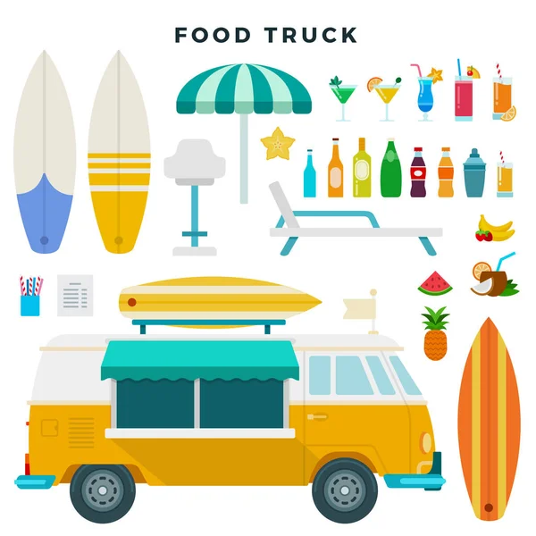 Camión de comida y bebidas vector iconos planos. Aislado sobre blanco . — Vector de stock