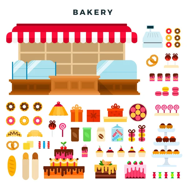 Contador de confeitaria e produtos de padaria. Isolado em branco . —  Vetores de Stock