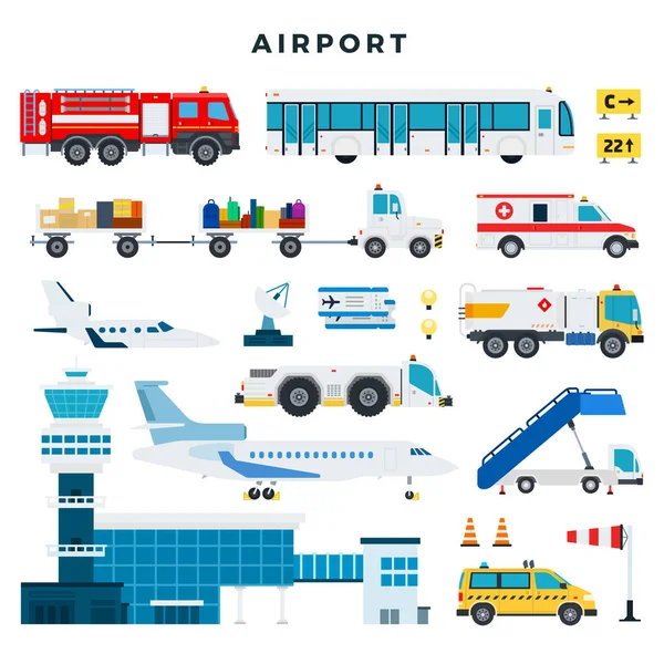 Aeropuerto, conjunto de iconos. Edificio del aeropuerto, torre de control, aviones, vehículos de los servicios de tierra del aeropuerto, etc. Ilustración vectorial en estilo plano . — Vector de stock