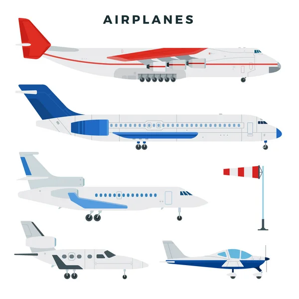 Avión de pasajeros y carga, listo. Aviones, vista lateral. Tipos modernos de aviones. Ilustración vectorial . — Vector de stock