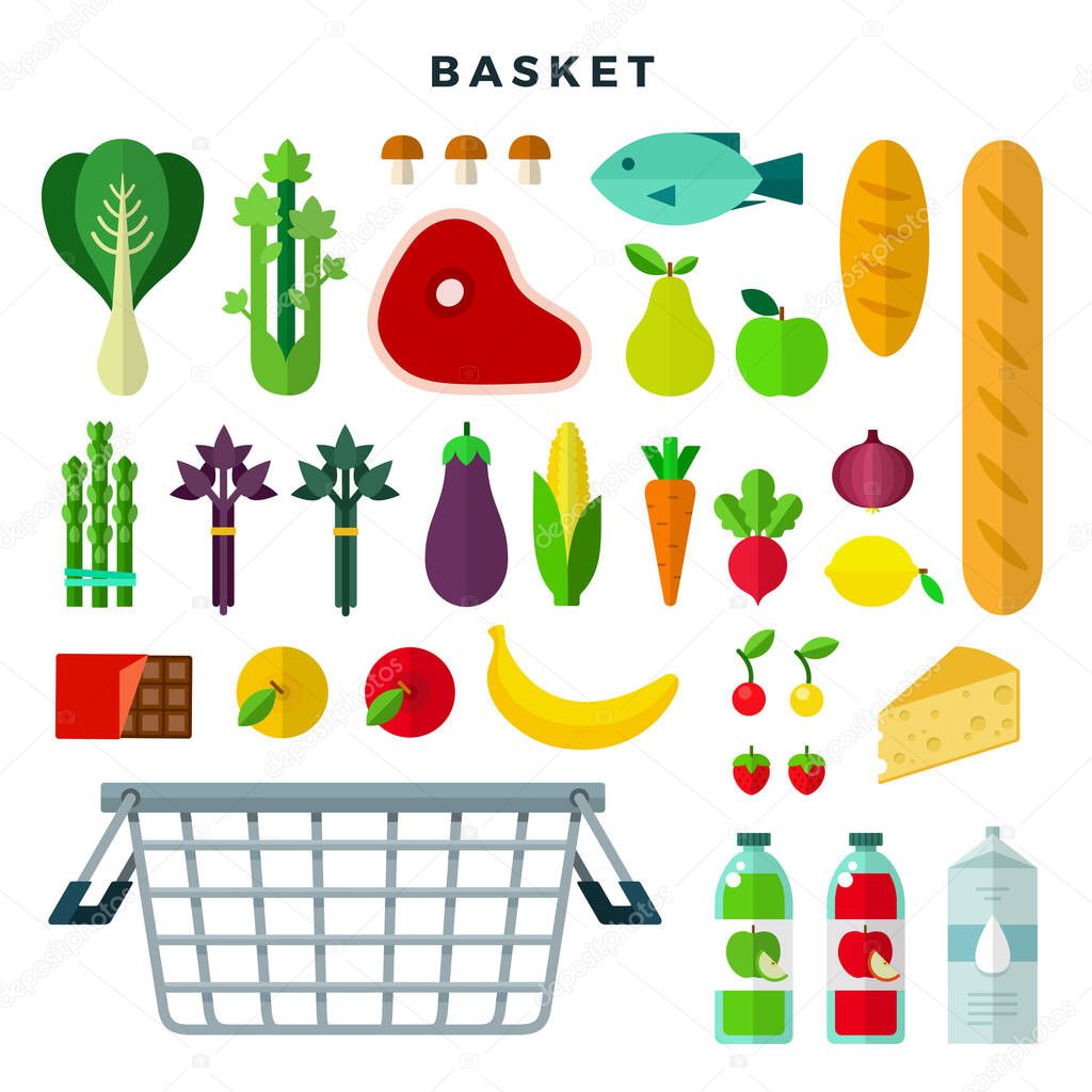 Food basket vector flat icons set. Isolated on white.