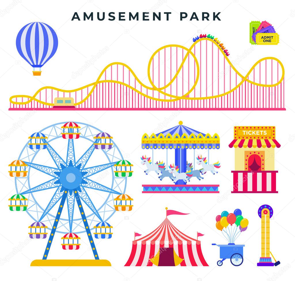 Amusement park flat elements, isolated on white background. Everything for family rest in the park. Vector illustration.