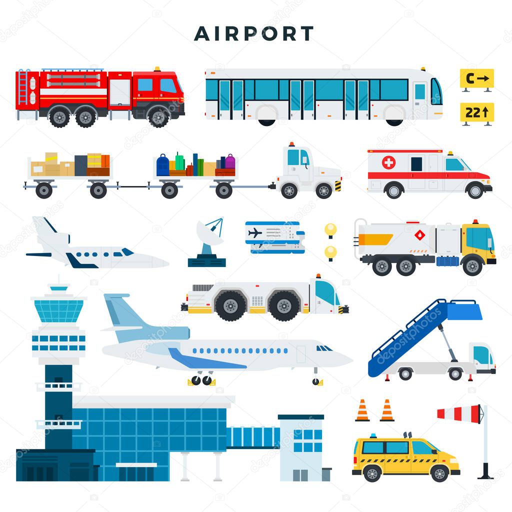 Airport, set of icons. Airport building, control tower, aircraft, vehicles of the airport ground services, etc. Vector illustration in flat style.