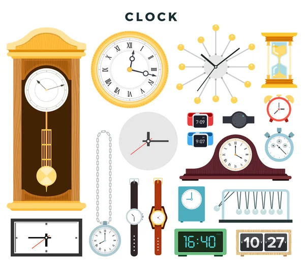 Farklı eski ve modern saatler ve el saatleri, set. Beyaz üzerine izole edilmiş vektör illüstrasyonu. — Stok Vektör
