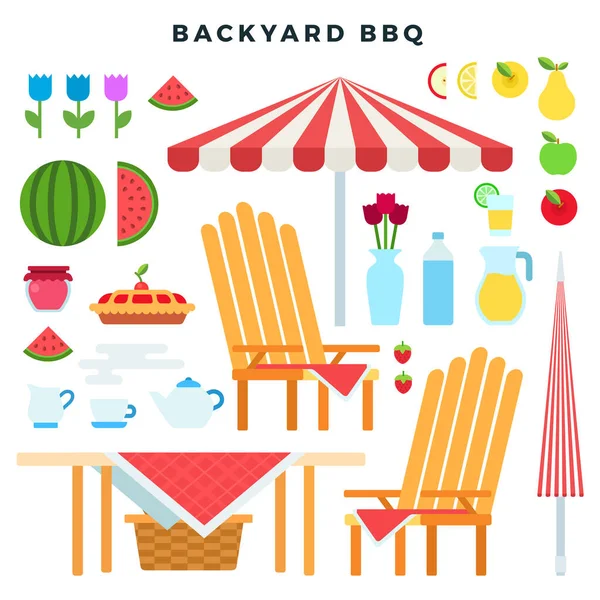 Muebles de picnic y comida, conjunto de coloridos elementos de estilo plano. Atributos del partido de barbacoa patio trasero. Ilustración vectorial . — Vector de stock