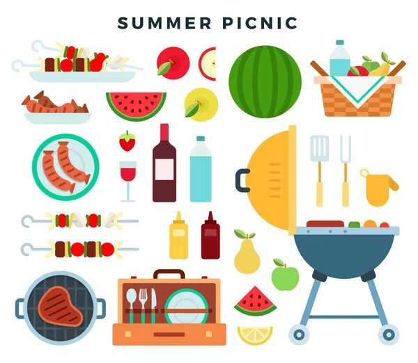 Fête de pique-nique d'été, jeux d'icônes. Éléments de barbecue, nourriture, boissons, panier de pique-nique, ustensiles de cuisine. Illustration vectorielle. — Image vectorielle
