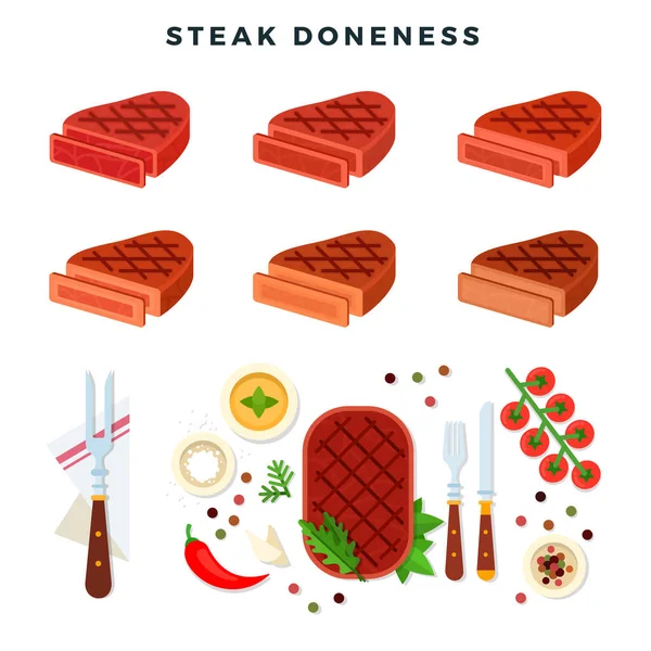 Bife doneness ilustração, conjunto. Diferentes estádios de bife. Azul raro, raro, médio raro, médio, médio bem e bem feito. Bifes, tomate, pimenta, verduras, condimentos. Ilustração vetorial . — Vetor de Stock