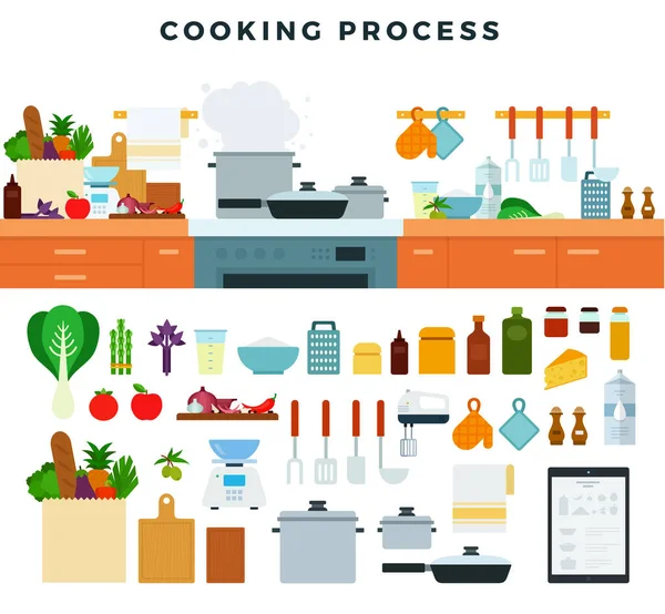 Colección de utensilios de cocina, electrodomésticos, equipo, batería de cocina, alimentos, muebles. Conjunto de elementos para ilustrar el proceso de cocción. Ilustración vectorial en estilo plano . — Vector de stock