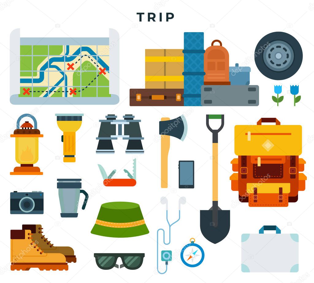 Hiking and camping equipment, set. Elements for backpaking trips. Vector illustration in flat style.