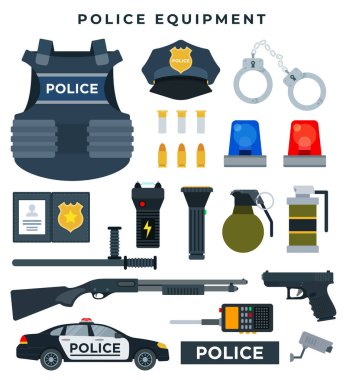 Profesyonel polis ekipmanları, hazır. Vücut zırhı, polis rozeti, silah, mermi, kelepçe, el feneri, taşınabilir radyo, polis arabası ve diğer unsurlar. Vektör illüstrasyonu.