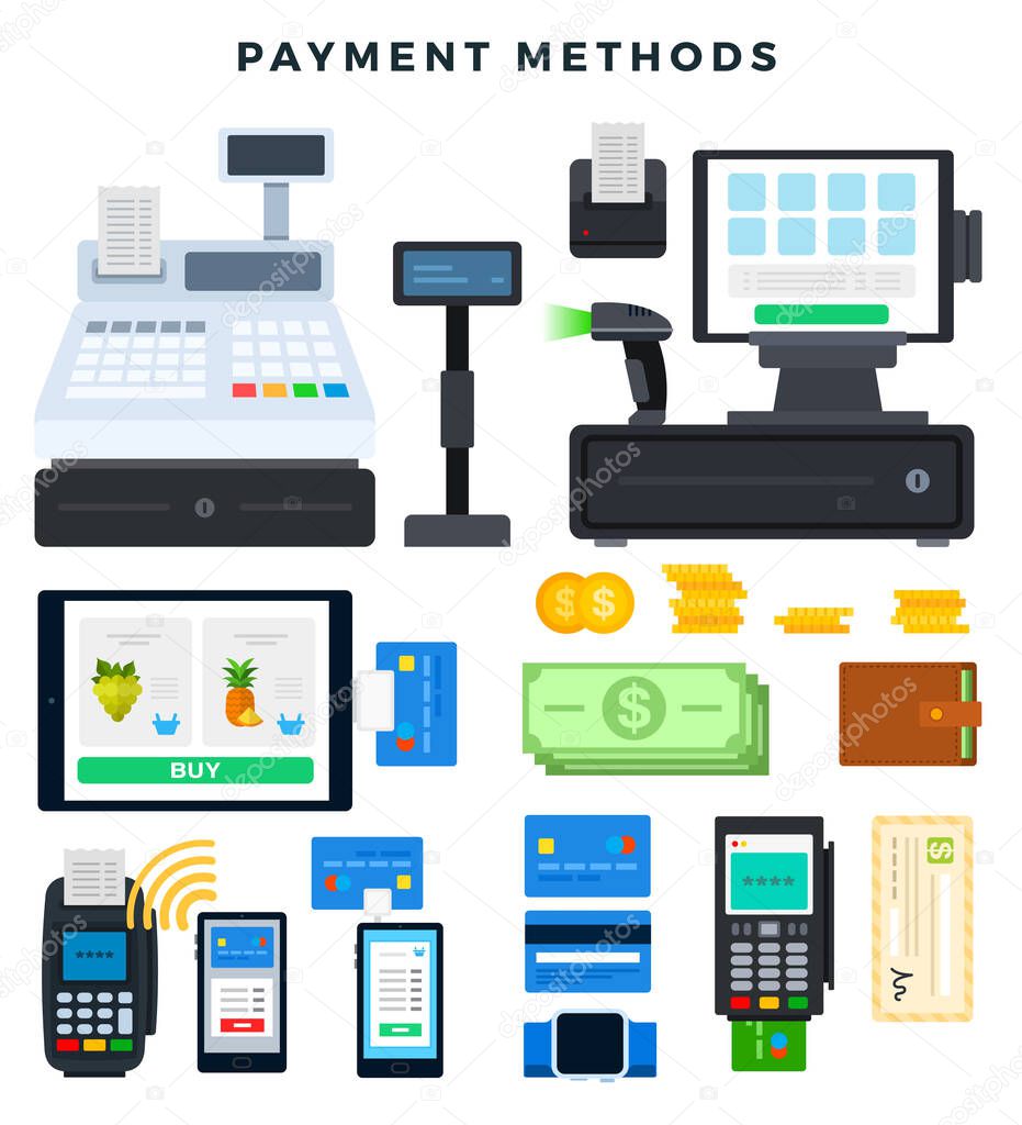 Payment methods, set. Icons, illustrating ways of payment. Vector illustration in flat style.