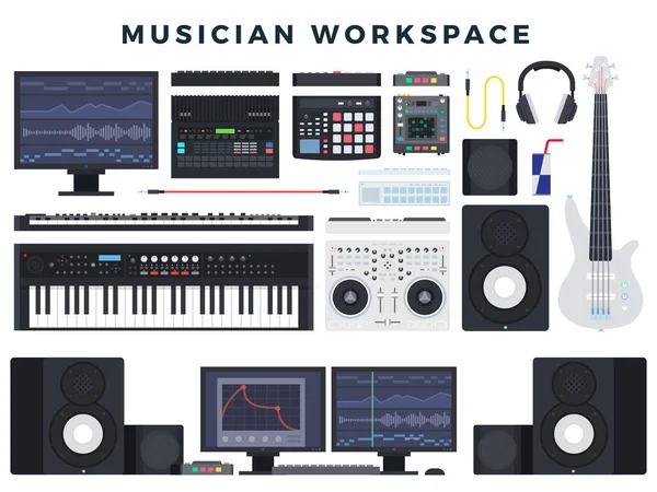 Musikerarbeitsplatz, eine Reihe von Elementen. Musiker, die an digitalen Geräten, Musikinstrumenten, Computern und Software arbeiten. Vektorillustration. — Stockvektor