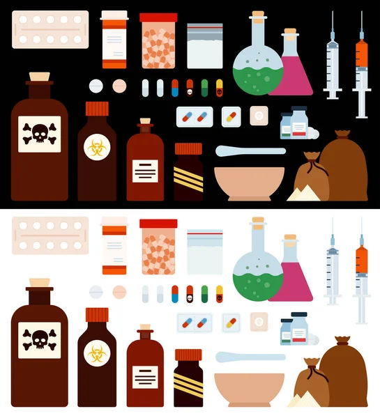 Medicine and Drugs Set vector flat icons. Aislado en blanco y negro — Vector de stock