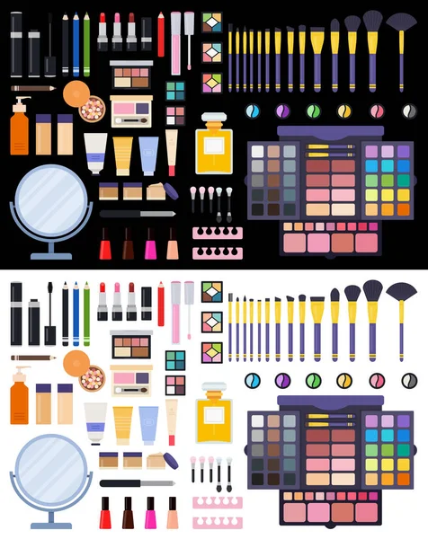 Makeup borste och kosmetika och mode bakgrund med make up artist objekt, läppstift, grädde, borste. vektor platt ikoner. Isolerad på vitt och svart — Stock vektor