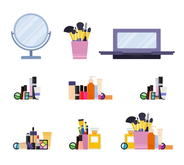 Kit per il trucco. Illustrazioni piatte vettoriali. Set di diversi prodotti cosmetici per il trucco professionale. — Vettoriale Stock