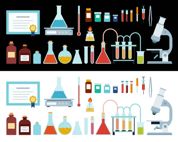 Chemické laboratorní vybavení. Věda, vzdělání, chemie, experiment, laboratorní koncepce. Vektorové ploché ikony. Izolováno na bílé a černé — Stockový vektor