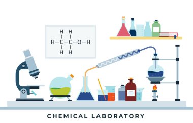Kimyasal araştırma laboratuarı düz tasarım vektör çizimi.