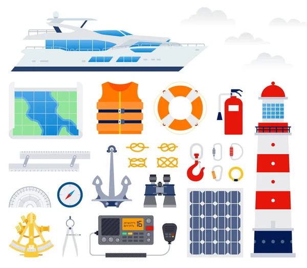 Set von Marine Boat Equipment Flachvektorillustration. — Stockvektor