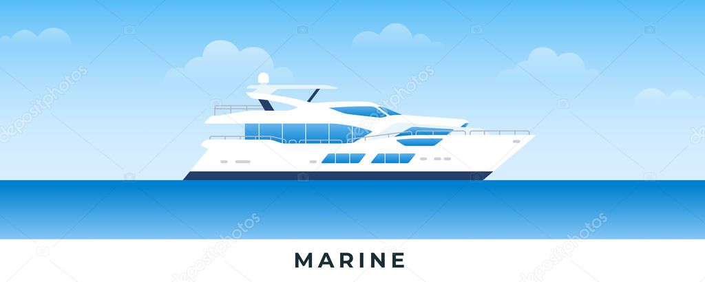 Marine boat in sea. Vector flat illustrations. Marine passenger powerboat on backdrop sea and sky.