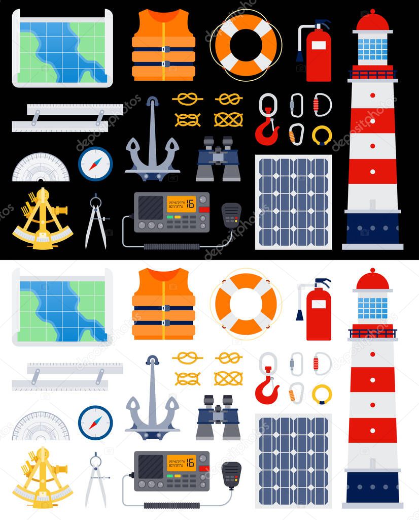 Sailing yacht rigging equipment. Lighthouse, anchor, binoculars, lifebuoy, life jacket, hook, knots, carbines, compass, map, protractor. vector flat icons. Isolated on white and black