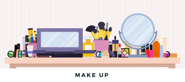 Make up kit. Διανυσματικές επίπεδες εικόνες. Διακοσμητικά καλλυντικά στο τραπέζι σε λευκό τοίχο. — Διανυσματικό Αρχείο