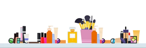 Una mesa con un conjunto de herramientas de maquillaje y maquillaje ilustración vectorial en un diseño plano . — Archivo Imágenes Vectoriales