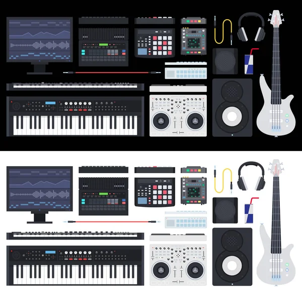 Musikinstrumente set, einschließlich gitarre, trommel, keyboard, digitales audio-Editing-studio für fernsehen, spot ads vektor flache symbole. Isoliert auf weiß und schwarz — Stockvektor