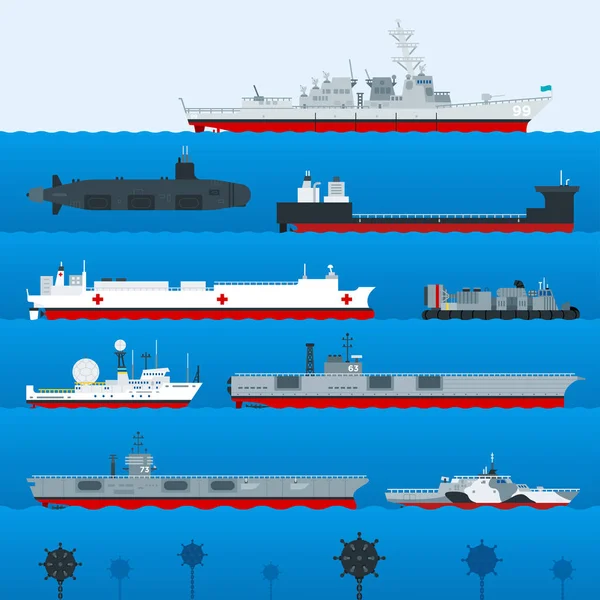 Askeri gemiler, yelkenliler, gemiler, yatlar, yelkenler, tekneler. Nakliye yelkenlisi, askeri savaş gemisi. Su taşıma vektörü illüstrasyonu. — Stok Vektör