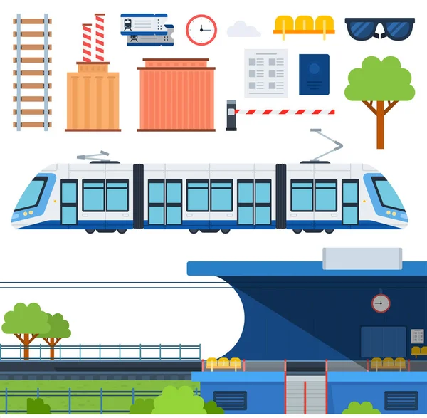 Conjunto de metro, plataforma ferroviaria y tranvía plana vector ilustración. — Archivo Imágenes Vectoriales