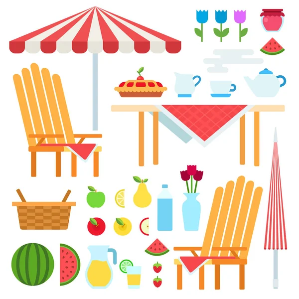 Conjunto de ilustración de vectores planos de picnic de verano. — Vector de stock