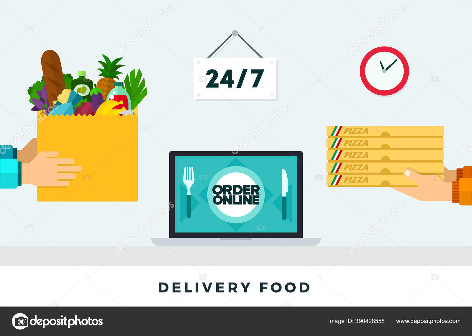 Delivery food around the clock. Vector flat illustration. Fast food
