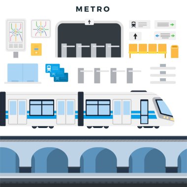 Metro istasyonu, tren, harita, navigasyon, yolcu koltukları, turnike, biletler. Metro elementleri ayarlandı. Vektör illüstrasyonu.