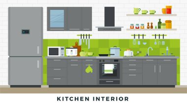 Kitchen interior with furniture, utensils and appliances. Vector flat illustrations. clipart